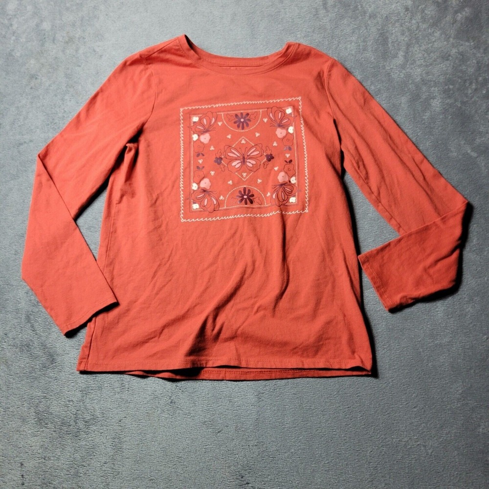 Cat & Jack Shirt Girls 14 Red Orange Floral Butterfly Crew Long Sleeve Comfort T